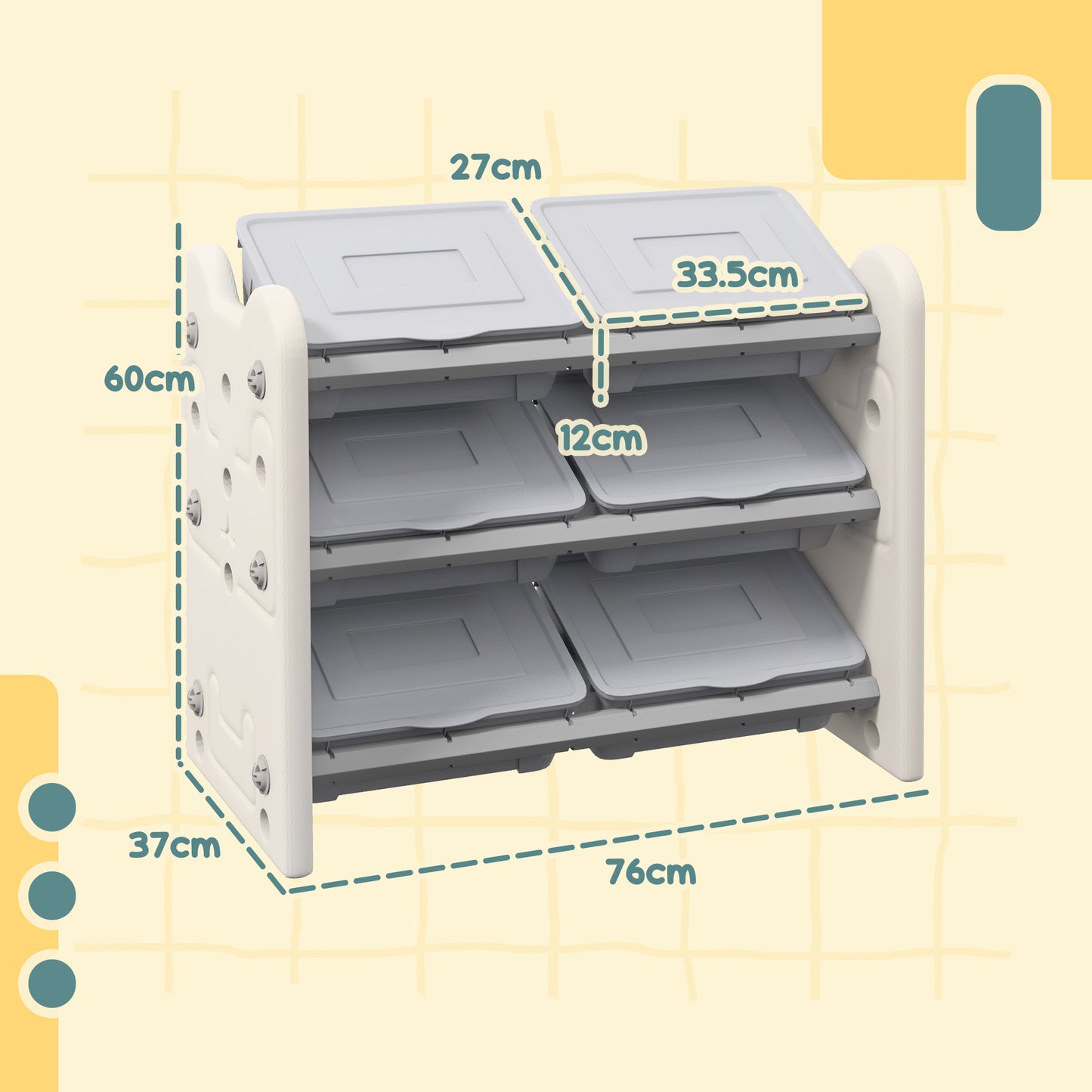 AIYAPLAY Grey 3 Tier Kids Toy Storage Units with 6 Storage Boxes, 76 x 37 x 60cm-1