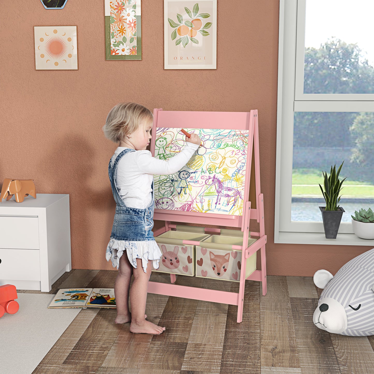 Three-In-One Kids Easel with Paper Roll, Art Easel, with Storage - Pink | AIYAPLAY-8