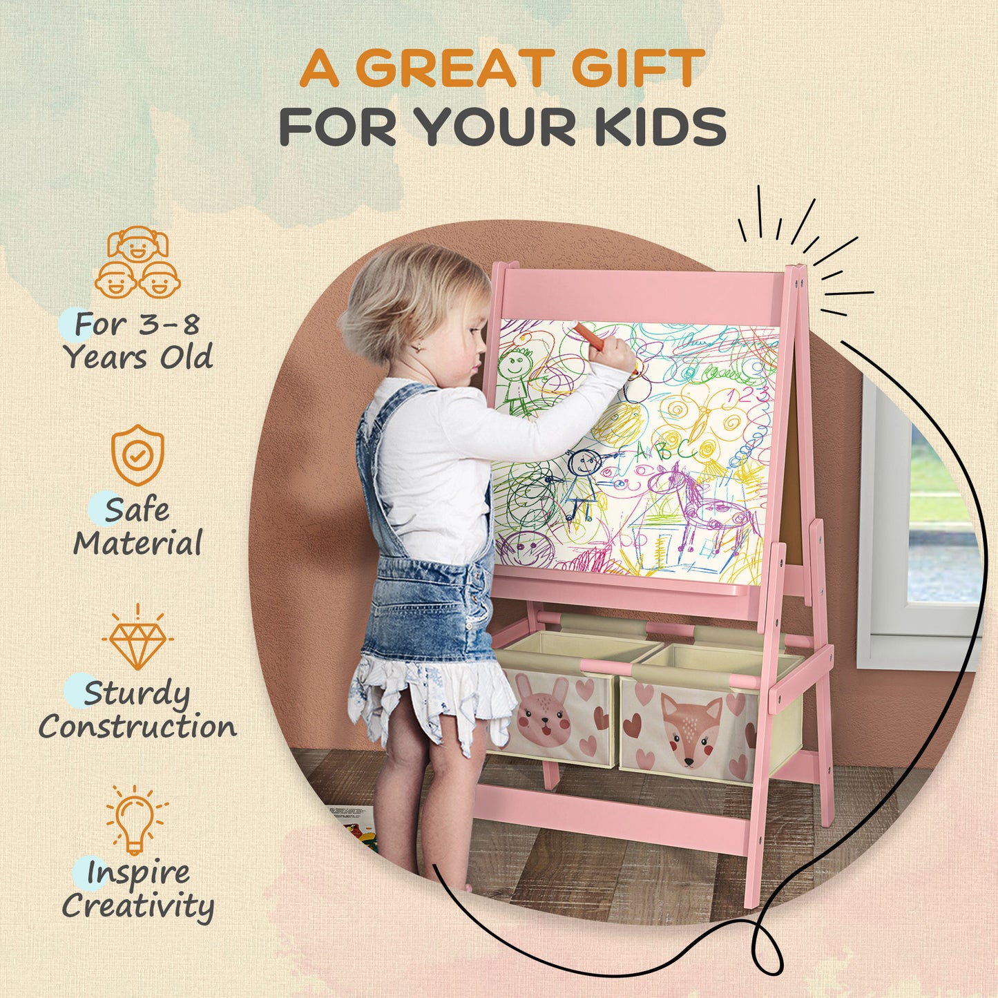 Three-In-One Kids Easel with Paper Roll, Art Easel, with Storage - Pink | AIYAPLAY-4