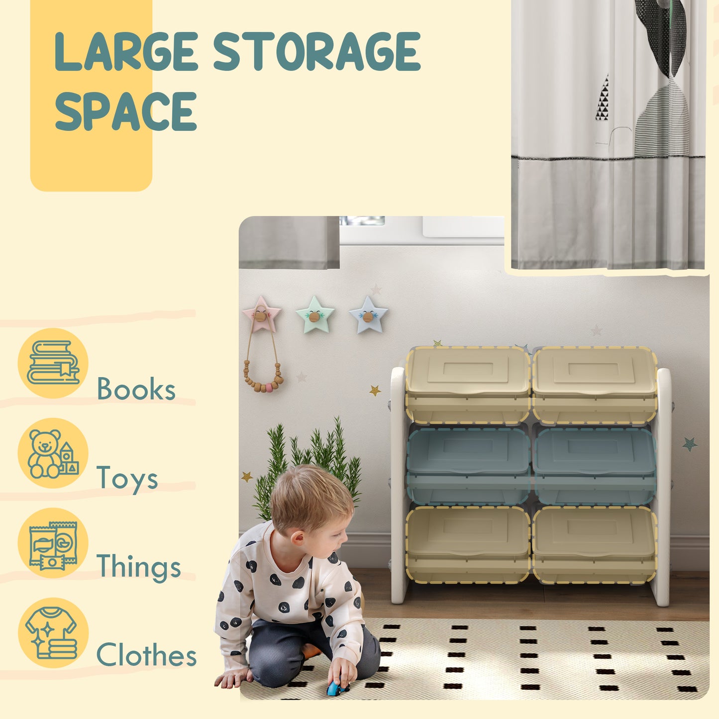 AIYAPLAY Grey 3 Tier Kids Toy Storage Units with 6 Storage Boxes, 76 x 37 x 60cm-2