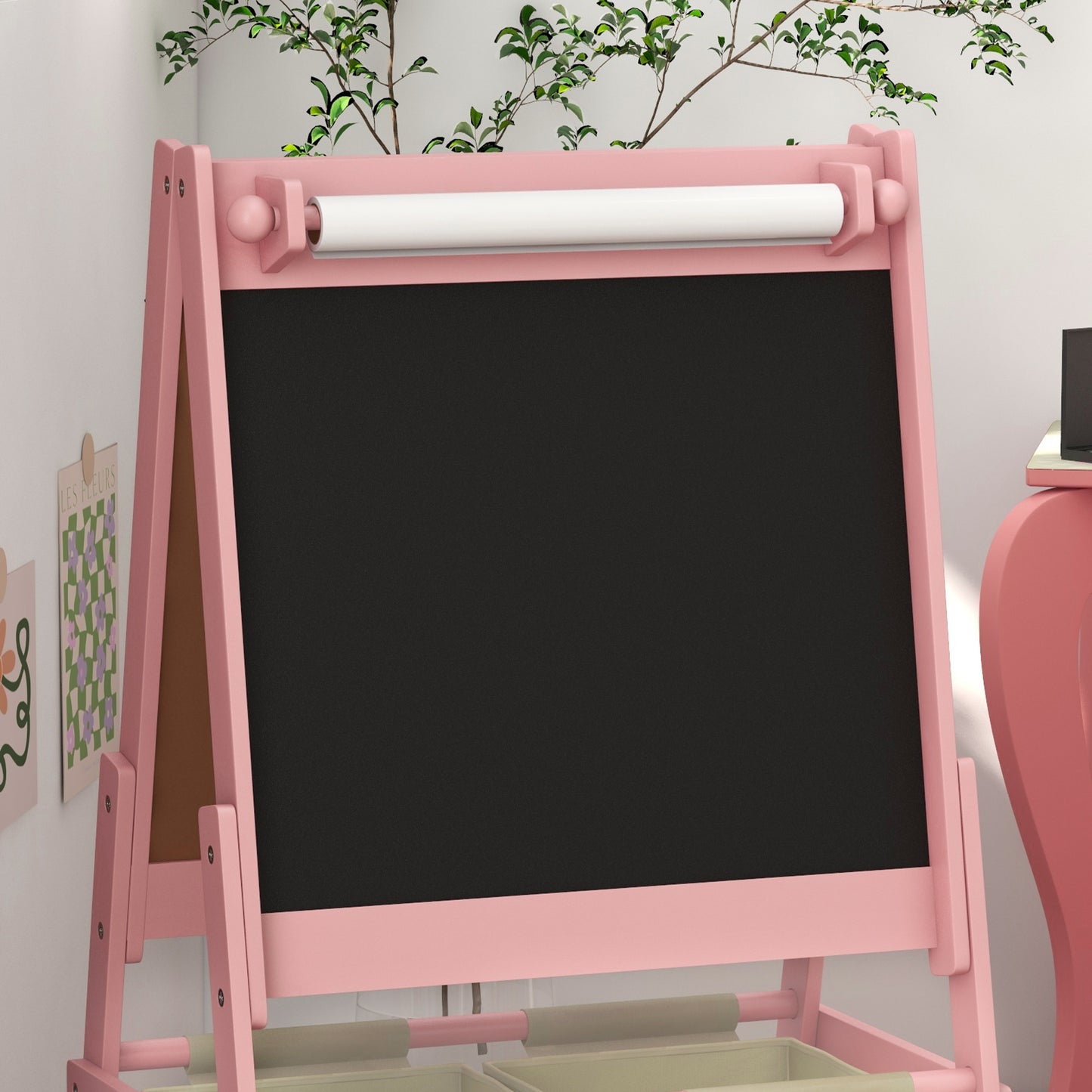 Three-In-One Kids Easel with Paper Roll, Art Easel, with Storage - Pink | AIYAPLAY-7
