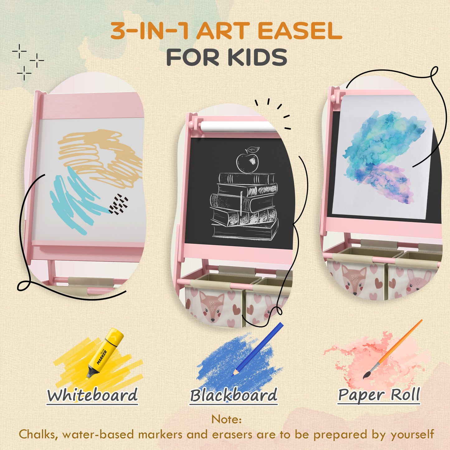 Three-In-One Kids Easel with Paper Roll, Art Easel, with Storage - Pink | AIYAPLAY-2