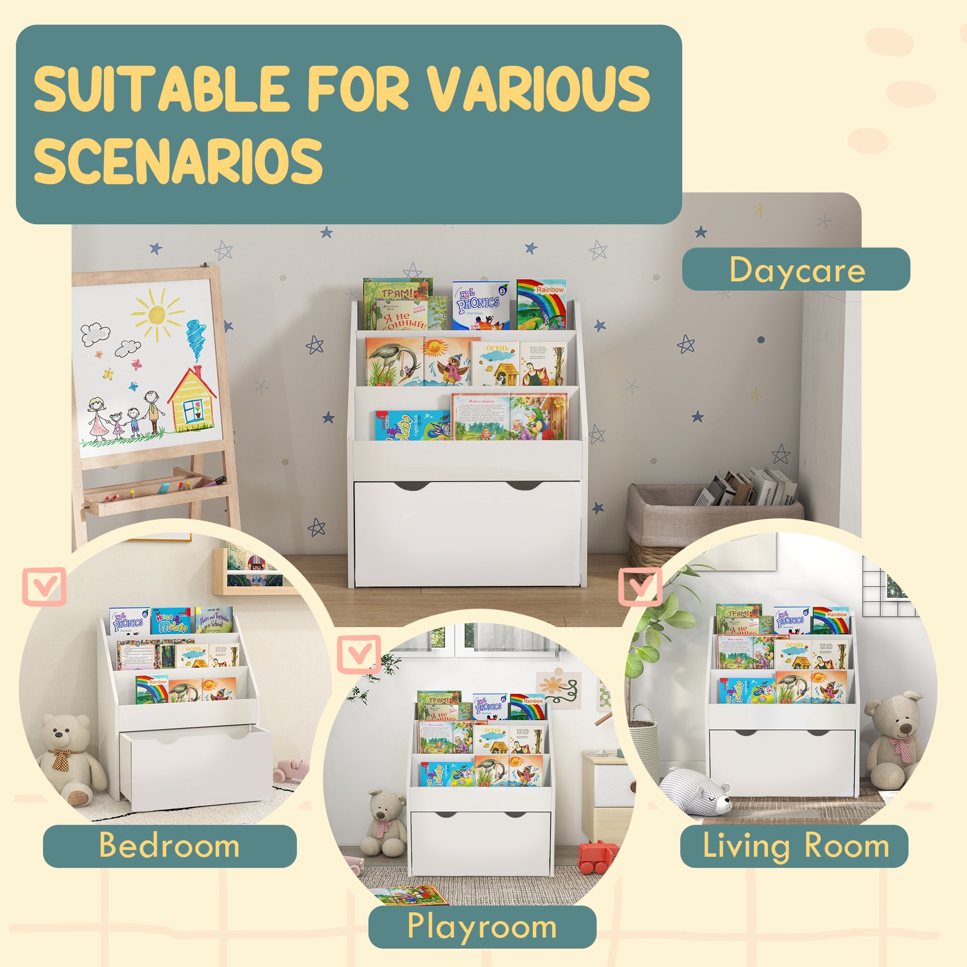 AIYAPLAY Bookcase for Kids with Shelves, Drawer, Bookcase for Bedroom, Playroom in White-5