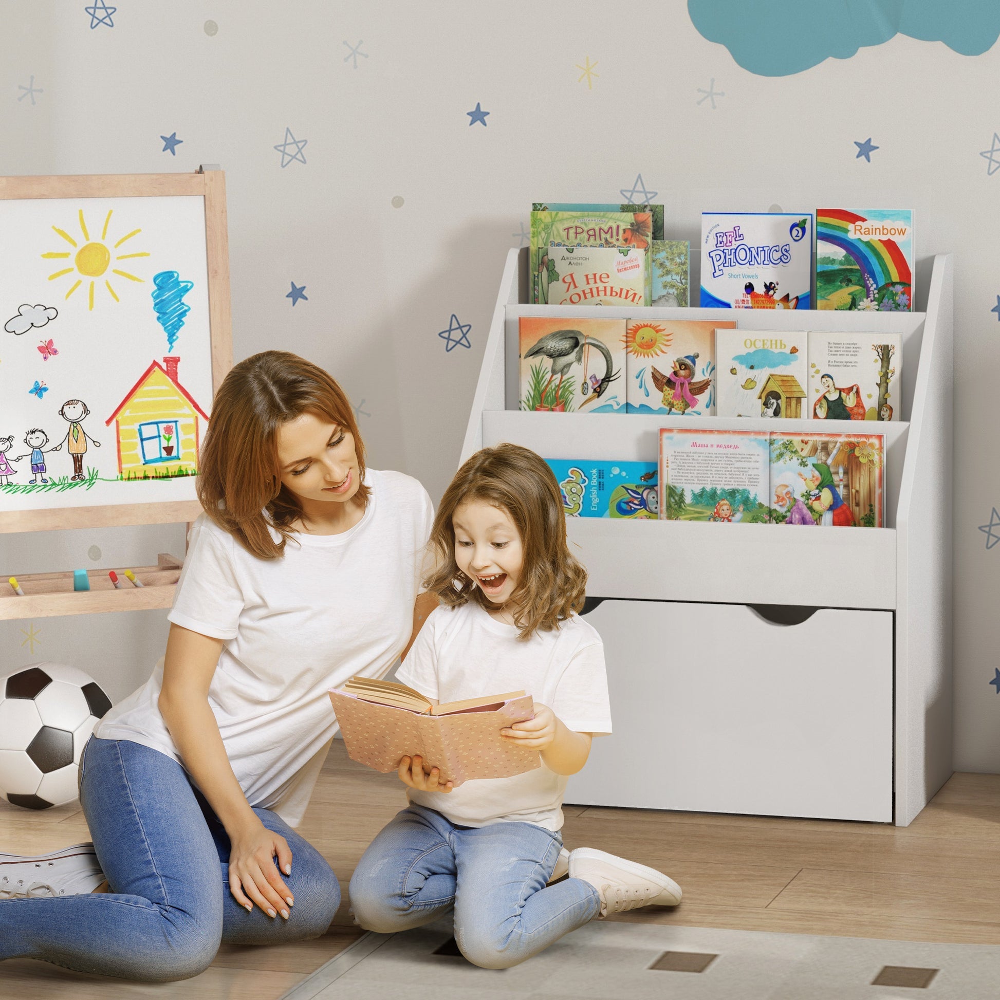 AIYAPLAY Bookcase for Kids with Shelves, Drawer, Bookcase for Bedroom, Playroom in White-8