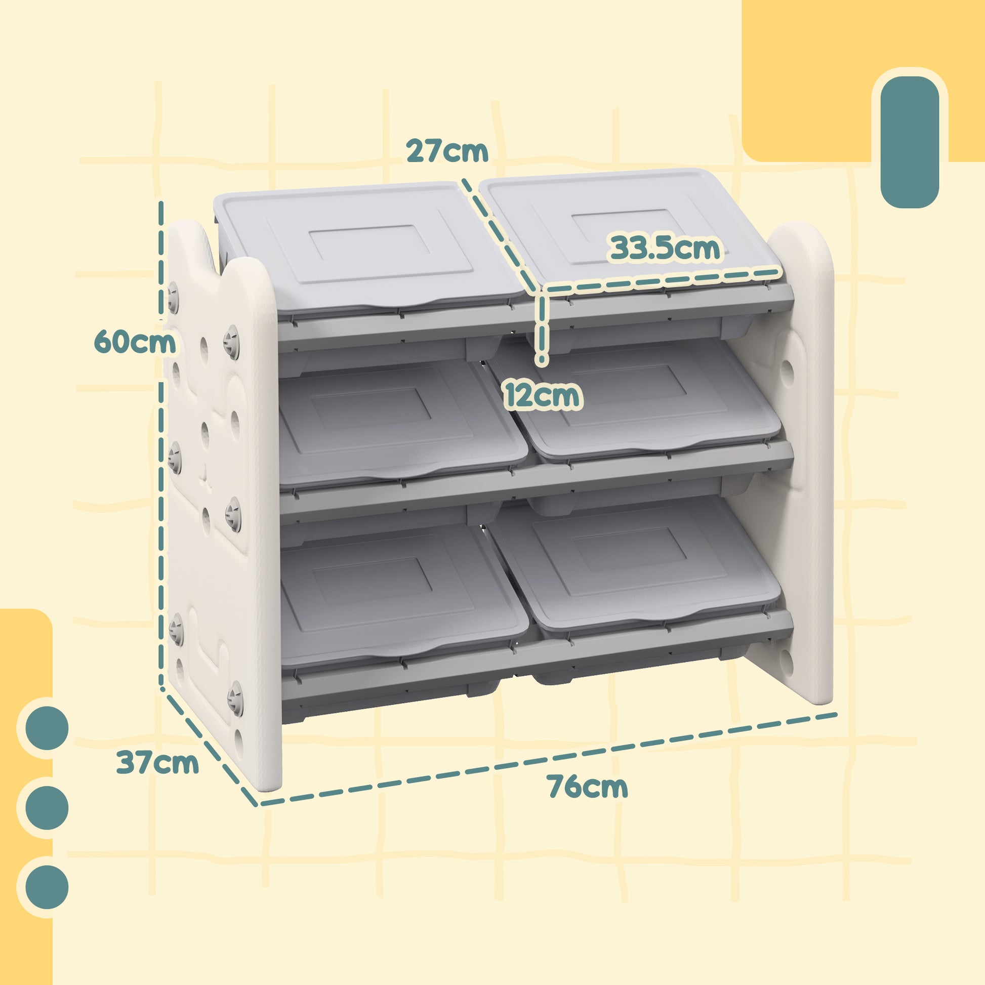 AIYAPLAY Grey 3 Tier Kids Toy Storage Units with 6 Storage Boxes, 76 x 37 x 60cm-1
