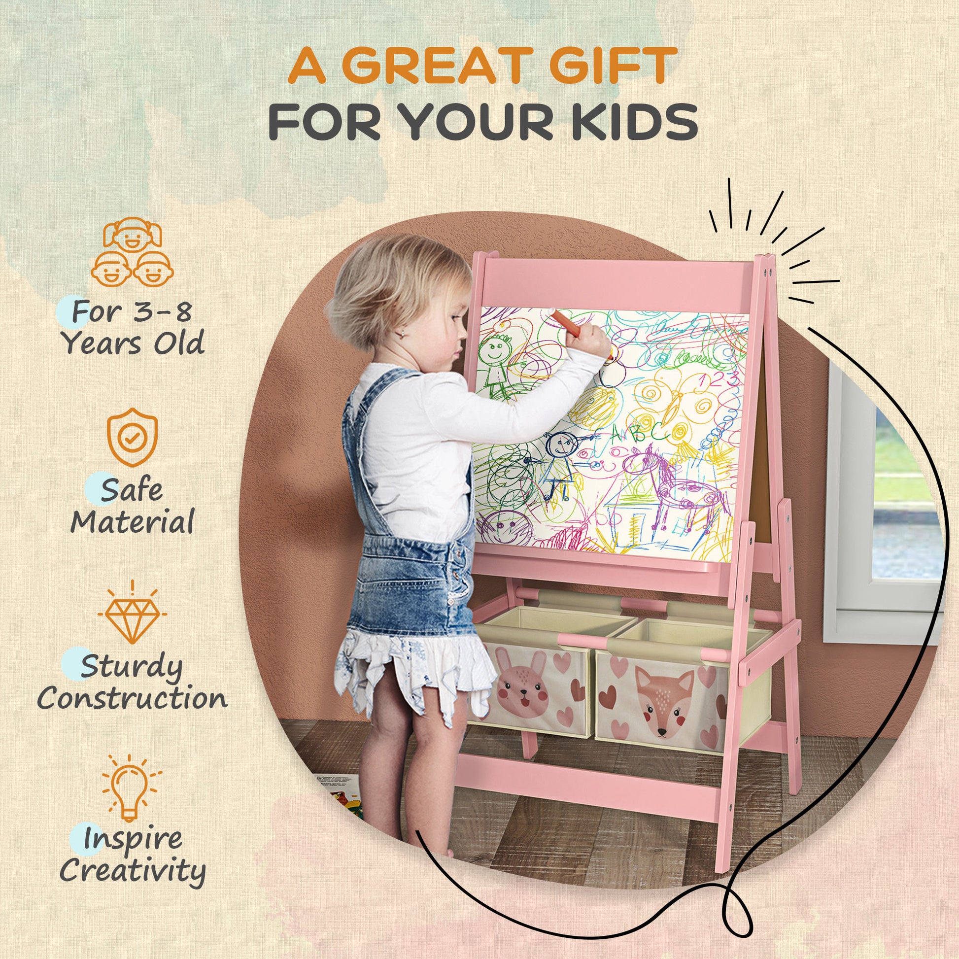 Three-In-One Kids Easel with Paper Roll, Art Easel, with Storage - Pink | AIYAPLAY-4