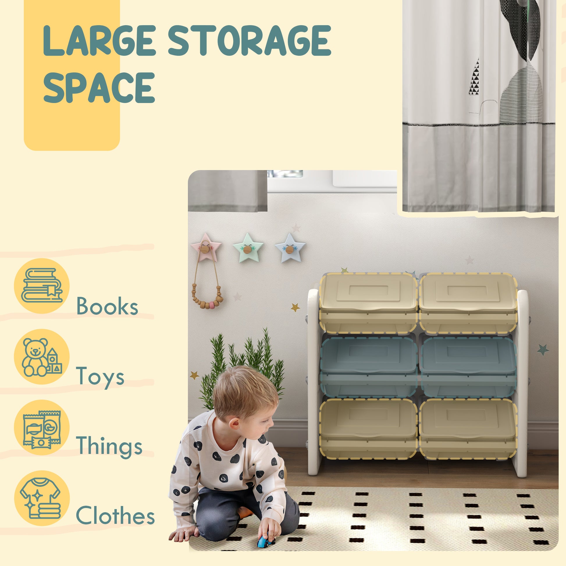 AIYAPLAY Grey 3 Tier Kids Toy Storage Units with 6 Storage Boxes, 76 x 37 x 60cm-2