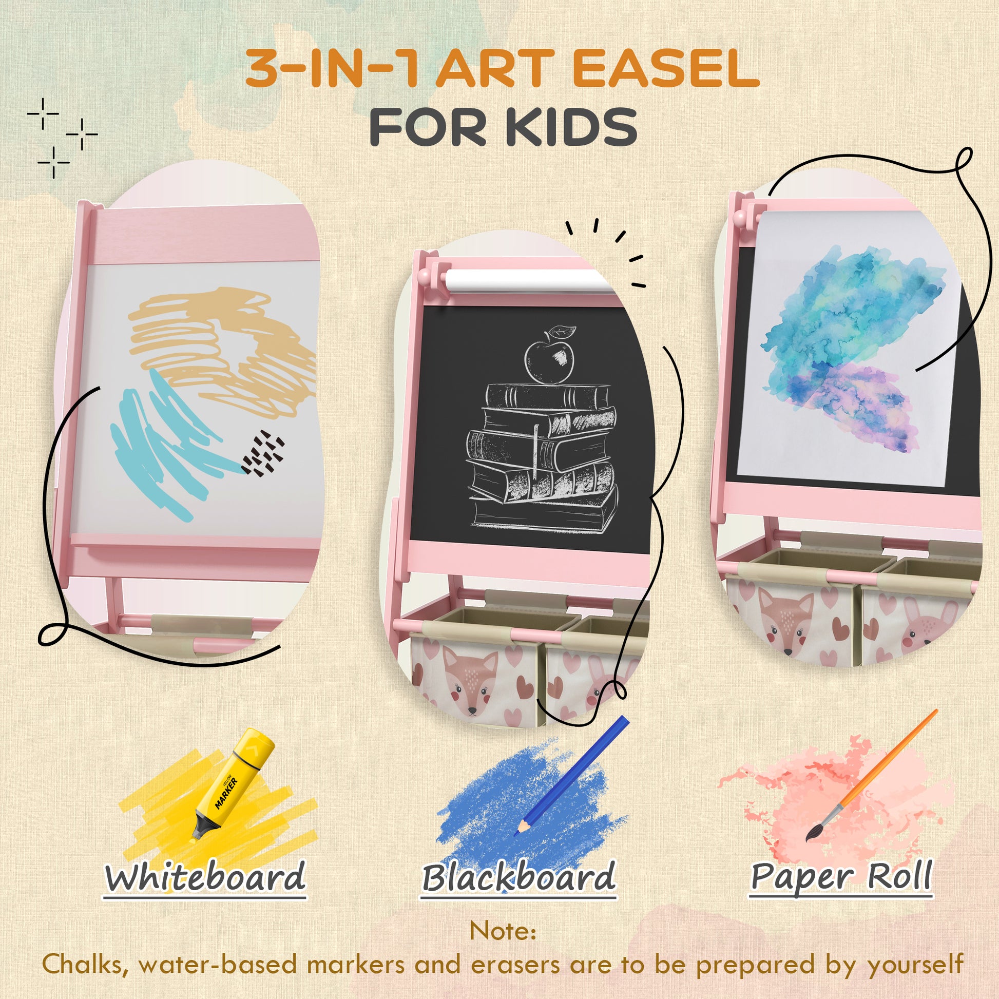 Three-In-One Kids Easel with Paper Roll, Art Easel, with Storage - Pink | AIYAPLAY-2