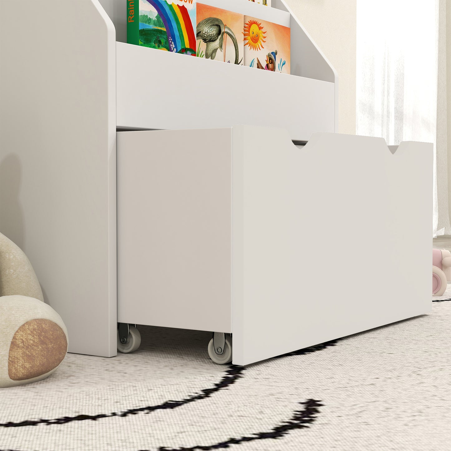 AIYAPLAY Bookcase for Kids with Shelves, Drawer, Bookcase for Bedroom, Playroom in White-7